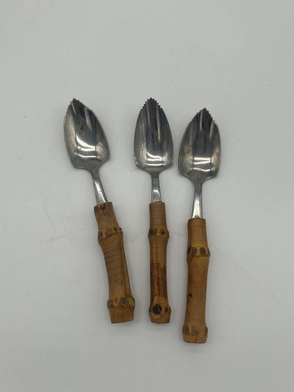 Vintage Japan Stainless Grapefruit Spoons Serrated Bamboo MCM Tiki Set of 3